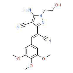 ChemSpider 2D Image | 5-Amino-3-[(Z)-1-cyano-2-(3,4,5-trimethoxyphenyl)vinyl]-1-(2-hydroxyethyl)-1H-pyrazole-4-carbonitrile | C18H19N5O4