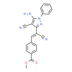 ChemSpider 2D Image | Methyl 4-[(Z)-2-(5-amino-4-cyano-1-phenyl-1H-pyrazol-3-yl)-2-cyanovinyl]benzoate | C21H15N5O2