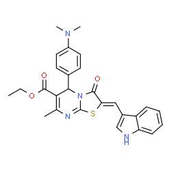 ChemSpider 2D Image | Ethyl (2Z)-5-[4-(dimethylamino)phenyl]-2-(1H-indol-3-ylmethylene)-7-methyl-3-oxo-2,3-dihydro-5H-[1,3]thiazolo[3,2-a]pyrimidine-6-carboxylate | C27H26N4O3S