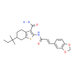 ChemSpider 2D Image | 2-{[(2E)-3-(1,3-Benzodioxol-5-yl)-2-propenoyl]amino}-6-(2-methyl-2-butanyl)-4,5,6,7-tetrahydro-1-benzothiophene-3-carboxamide | C24H28N2O4S