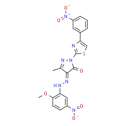 ChemSpider 2D Image | (4E)-4-[(2-Methoxy-5-nitrophenyl)hydrazono]-5-methyl-2-[4-(3-nitrophenyl)-1,3-thiazol-2-yl]-2,4-dihydro-3H-pyrazol-3-one | C20H15N7O6S