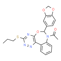 ChemSpider 2D Image | 1-[6-(1,3-Benzodioxol-5-yl)-3-(propylsulfanyl)[1,2,4]triazino[5,6-d][3,1]benzoxazepin-7(6H)-yl]ethanone | C22H20N4O4S