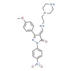 ChemSpider 2D Image | (4E)-5-(4-Methoxyphenyl)-2-(4-nitrophenyl)-4-({[2-(1-piperazinyl)ethyl]amino}methylene)-2,4-dihydro-3H-pyrazol-3-one | C23H26N6O4