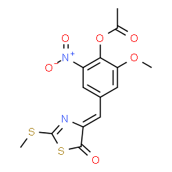 ChemSpider 2D Image | 2-Methoxy-4-{(Z)-[2-(methylsulfanyl)-5-oxo-1,3-thiazol-4(5H)-ylidene]methyl}-6-nitrophenyl acetate | C14H12N2O6S2