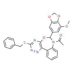 ChemSpider 2D Image | 1-[3-(Benzylsulfanyl)-6-(7-methoxy-1,3-benzodioxol-5-yl)[1,2,4]triazino[5,6-d][3,1]benzoxazepin-7(6H)-yl]ethanone | C27H22N4O5S