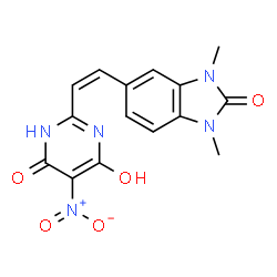 ChemSpider 2D Image | 5-[(Z)-2-(4-Hydroxy-5-nitro-6-oxo-1,6-dihydro-2-pyrimidinyl)vinyl]-1,3-dimethyl-1,3-dihydro-2H-benzimidazol-2-one | C15H13N5O5