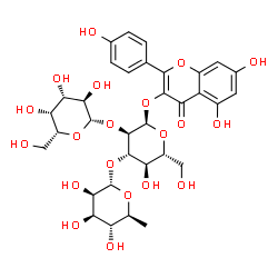 ChemSpider 2D Image | 5,7-Dihydroxy-2-(4-hydroxyphenyl)-4-oxo-4H-chromen-3-yl 6-deoxy-alpha-L-mannopyranosyl-(1->3)-[beta-D-galactopyranosyl-(1->2)]-alpha-D-glucopyranoside | C33H40O20