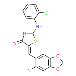 ChemSpider 2D Image | (5Z)-5-[(6-Chloro-1,3-benzodioxol-5-yl)methylene]-2-[(2-chlorophenyl)amino]-1,3-thiazol-4(5H)-one | C17H10Cl2N2O3S