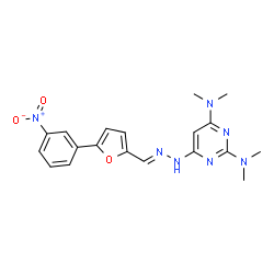 ChemSpider 2D Image | N,N,N',N'-Tetramethyl-6-[(2E)-2-{[5-(3-nitrophenyl)-2-furyl]methylene}hydrazino]-2,4-pyrimidinediamine | C19H21N7O3