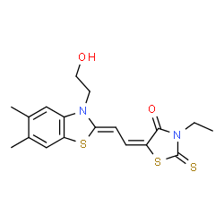 ChemSpider 2D Image | (5E)-3-Ethyl-5-{(2Z)-2-[3-(2-hydroxyethyl)-5,6-dimethyl-1,3-benzothiazol-2(3H)-ylidene]ethylidene}-2-thioxo-1,3-thiazolidin-4-one | C18H20N2O2S3