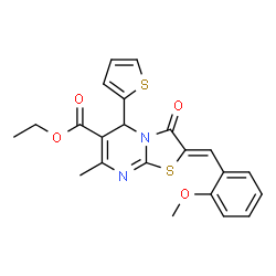 ChemSpider 2D Image | Ethyl (2Z)-2-(2-methoxybenzylidene)-7-methyl-3-oxo-5-(2-thienyl)-2,3-dihydro-5H-[1,3]thiazolo[3,2-a]pyrimidine-6-carboxylate | C22H20N2O4S2