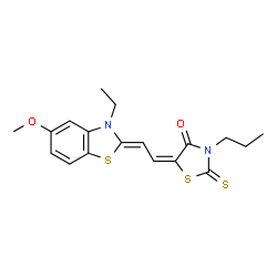 ChemSpider 2D Image | (5E)-5-[(2Z)-2-(3-Ethyl-5-methoxy-1,3-benzothiazol-2(3H)-ylidene)ethylidene]-3-propyl-2-thioxo-1,3-thiazolidin-4-one | C18H20N2O2S3