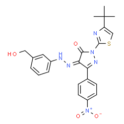 ChemSpider 2D Image | (4Z)-4-{[3-(Hydroxymethyl)phenyl]hydrazono}-2-[4-(2-methyl-2-propanyl)-1,3-thiazol-2-yl]-5-(4-nitrophenyl)-2,4-dihydro-3H-pyrazol-3-one | C23H22N6O4S