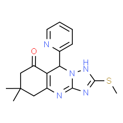 ChemSpider 2D Image | [1,2,4]triazolo[5,1-b]quinazolin-8(4H)-one, 5,6,7,9-tetrahydro-6,6-dimethyl-2-(methylthio)-9-(2-pyridinyl)- | C17H19N5OS