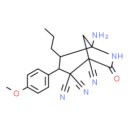 ChemSpider 2D Image | 5-Amino-3-(4-methoxyphenyl)-7-oxo-4-propyl-6-azabicyclo[3.2.1]octane-1,2,2-tricarbonitrile | C20H21N5O2
