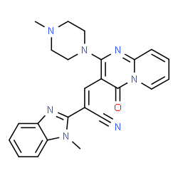 ChemSpider 2D Image | (2E)-2-(1-Methyl-1H-benzimidazol-2-yl)-3-[2-(4-methyl-1-piperazinyl)-4-oxo-4H-pyrido[1,2-a]pyrimidin-3-yl]acrylonitrile | C24H23N7O