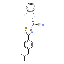 ChemSpider 2D Image | (2E)-3-[(2-Fluorophenyl)amino]-2-[4-(4-isobutylphenyl)-1,3-thiazol-2-yl]acrylonitrile | C22H20FN3S