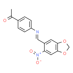 ChemSpider 2D Image | 1-(4-{(E)-[(6-Nitro-1,3-benzodioxol-5-yl)methylene]amino}phenyl)ethanone | C16H12N2O5