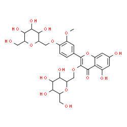 ChemSpider 2D Image | 5,7-Dihydroxy-2-(3-methoxy-4-{[3,4,5-trihydroxy-6-(hydroxymethyl)tetrahydro-2H-pyran-2-yl]methoxy}phenyl)-3-{[3,4,5-trihydroxy-6-(hydroxymethyl)tetrahydro-2H-pyran-2-yl]methoxy}-4H-chromen-4-one (non-
preferred name) | C30H36O17