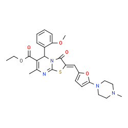 ChemSpider 2D Image | (E)-ethyl 5-(2-methoxyphenyl)-7-methyl-2-((5-(4-methylpiperazin-1-yl)furan-2-yl)methylene)-3-oxo-3,5-dihydro-2H-thiazolo[3,2-a]pyrimidine-6-carboxylate | C27H30N4O5S