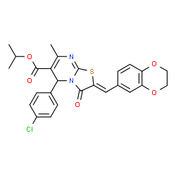 ChemSpider 2D Image | Isopropyl (2Z)-5-(4-chlorophenyl)-2-(2,3-dihydro-1,4-benzodioxin-6-ylmethylene)-7-methyl-3-oxo-2,3-dihydro-5H-[1,3]thiazolo[3,2-a]pyrimidine-6-carboxylate | C26H23ClN2O5S