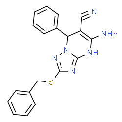 ChemSpider 2D Image | 5-Amino-2-(benzylsulfanyl)-7-phenyl-1,7-dihydro[1,2,4]triazolo[1,5-a]pyrimidine-6-carbonitrile | C19H16N6S