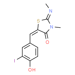 ChemSpider 2D Image | (2Z,5E)-5-(4-Hydroxy-3-iodobenzylidene)-3-methyl-2-(methylimino)-1,3-thiazolidin-4-one | C12H11IN2O2S