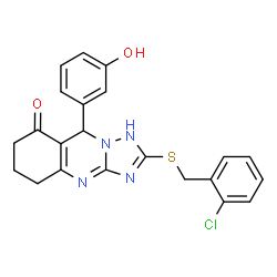 ChemSpider 2D Image | 2-[(2-Chlorobenzyl)sulfanyl]-9-(3-hydroxyphenyl)-5,6,7,9-tetrahydro[1,2,4]triazolo[5,1-b]quinazolin-8(1H)-one | C22H19ClN4O2S
