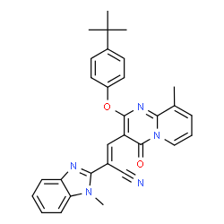 ChemSpider 2D Image | (2E)-3-[2-(4-tert-Butylphenoxy)-9-methyl-4-oxo-4H-pyrido[1,2-a]pyrimidin-3-yl]-2-(1-methyl-1H-benzimidazol-2-yl)acrylonitrile | C30H27N5O2