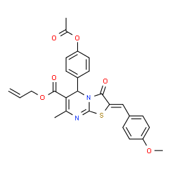 ChemSpider 2D Image | Allyl (2Z)-5-(4-acetoxyphenyl)-2-(4-methoxybenzylidene)-7-methyl-3-oxo-2,3-dihydro-5H-[1,3]thiazolo[3,2-a]pyrimidine-6-carboxylate | C27H24N2O6S