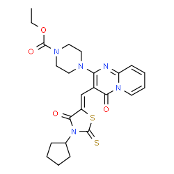 ChemSpider 2D Image | Ethyl 4-{3-[(Z)-(3-cyclopentyl-4-oxo-2-thioxo-1,3-thiazolidin-5-ylidene)methyl]-4-oxo-4H-pyrido[1,2-a]pyrimidin-2-yl}-1-piperazinecarboxylate | C24H27N5O4S2