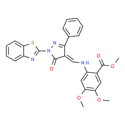 ChemSpider 2D Image | Methyl 2-({(E)-[1-(1,3-benzothiazol-2-yl)-5-oxo-3-phenyl-1,5-dihydro-4H-pyrazol-4-ylidene]methyl}amino)-4,5-dimethoxybenzoate | C27H22N4O5S