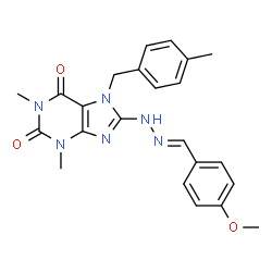 ChemSpider 2D Image | 8-[(2E)-2-(4-Methoxybenzylidene)hydrazino]-1,3-dimethyl-7-(4-methylbenzyl)-3,7-dihydro-1H-purine-2,6-dione | C23H24N6O3