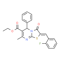 ChemSpider 2D Image | Ethyl (2Z)-2-(2-fluorobenzylidene)-7-methyl-3-oxo-5-phenyl-2,3-dihydro-5H-[1,3]thiazolo[3,2-a]pyrimidine-6-carboxylate | C23H19FN2O3S