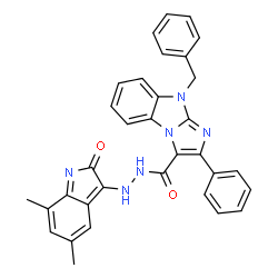 ChemSpider 2D Image | 9-Benzyl-N'-(5,7-dimethyl-2-oxo-2H-indol-3-yl)-2-phenyl-9H-imidazo[1,2-a]benzimidazole-3-carbohydrazide | C33H26N6O2