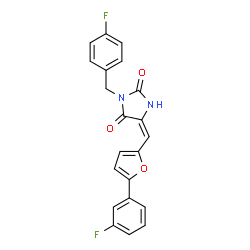 ChemSpider 2D Image | (5E)-3-(4-Fluorobenzyl)-5-{[5-(3-fluorophenyl)-2-furyl]methylene}-2,4-imidazolidinedione | C21H14F2N2O3