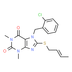 ChemSpider 2D Image | 8-[(2E)-2-Buten-1-ylsulfanyl]-7-(2-chlorobenzyl)-1,3-dimethyl-3,7-dihydro-1H-purine-2,6-dione | C18H19ClN4O2S