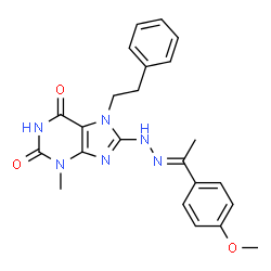 ChemSpider 2D Image | 8-{(2E)-2-[1-(4-Methoxyphenyl)ethylidene]hydrazino}-3-methyl-7-(2-phenylethyl)-3,7-dihydro-1H-purine-2,6-dione | C23H24N6O3