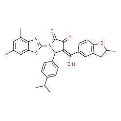 ChemSpider 2D Image | (4E)-1-(4,6-Dimethyl-1,3-benzothiazol-2-yl)-4-[hydroxy(2-methyl-2,3-dihydro-1-benzofuran-5-yl)methylene]-5-(4-isopropylphenyl)-2,3-pyrrolidinedione | C32H30N2O4S