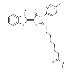 ChemSpider 2D Image | Methyl 7-{(Z)-[(5Z)-5-(3-methyl-1,3-benzothiazol-2(3H)-ylidene)-3-(4-methylphenyl)-4-oxo-1,3-thiazolidin-2-ylidene]amino}heptanoate | C26H29N3O3S2