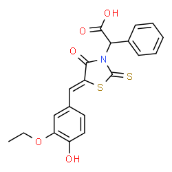 ChemSpider 2D Image | [(5Z)-5-(3-Ethoxy-4-hydroxybenzylidene)-4-oxo-2-thioxo-1,3-thiazolidin-3-yl](phenyl)acetic acid | C20H17NO5S2
