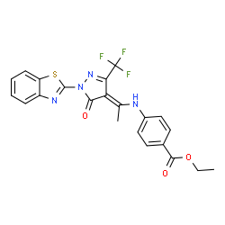ChemSpider 2D Image | Ethyl 4-({(1E)-1-[1-(1,3-benzothiazol-2-yl)-5-oxo-3-(trifluoromethyl)-1,5-dihydro-4H-pyrazol-4-ylidene]ethyl}amino)benzoate | C22H17F3N4O3S
