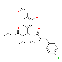ChemSpider 2D Image | Ethyl (2Z)-5-(4-acetoxy-3-methoxyphenyl)-2-(4-chlorobenzylidene)-7-methyl-3-oxo-2,3-dihydro-5H-[1,3]thiazolo[3,2-a]pyrimidine-6-carboxylate | C26H23ClN2O6S