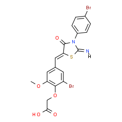 ChemSpider 2D Image | (2-Bromo-4-{(Z)-[(2Z)-3-(4-bromophenyl)-2-imino-4-oxo-1,3-thiazolidin-5-ylidene]methyl}-6-methoxyphenoxy)acetic acid | C19H14Br2N2O5S