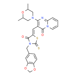 ChemSpider 2D Image | 3-{(Z)-[3-(1,3-Benzodioxol-5-ylmethyl)-4-oxo-2-thioxo-1,3-thiazolidin-5-ylidene]methyl}-2-(2,6-dimethyl-4-morpholinyl)-4H-pyrido[1,2-a]pyrimidin-4-one | C26H24N4O5S2