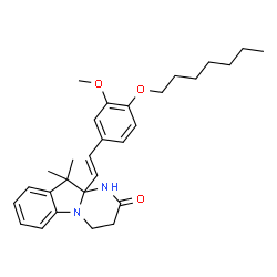 ChemSpider 2D Image | 10a-{(E)-2-[4-(Heptyloxy)-3-methoxyphenyl]vinyl}-10,10-dimethyl-3,4,10,10a-tetrahydropyrimido[1,2-a]indol-2(1H)-one | C29H38N2O3