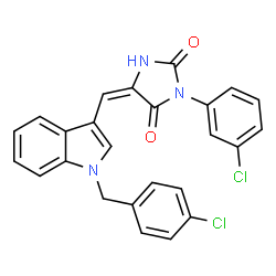 ChemSpider 2D Image | (5E)-5-{[1-(4-Chlorobenzyl)-1H-indol-3-yl]methylene}-3-(3-chlorophenyl)-2,4-imidazolidinedione | C25H17Cl2N3O2