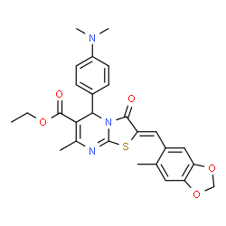 ChemSpider 2D Image | Ethyl (2Z)-5-[4-(dimethylamino)phenyl]-7-methyl-2-[(6-methyl-1,3-benzodioxol-5-yl)methylene]-3-oxo-2,3-dihydro-5H-[1,3]thiazolo[3,2-a]pyrimidine-6-carboxylate | C27H27N3O5S