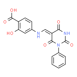 ChemSpider 2D Image | 2-Hydroxy-4-{[(Z)-(2,4,6-trioxo-1-phenyltetrahydro-5(2H)-pyrimidinylidene)methyl]amino}benzoic acid | C18H13N3O6