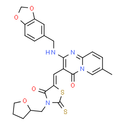 ChemSpider 2D Image | 2-[(1,3-Benzodioxol-5-ylmethyl)amino]-7-methyl-3-{(Z)-[4-oxo-3-(tetrahydro-2-furanylmethyl)-2-thioxo-1,3-thiazolidin-5-ylidene]methyl}-4H-pyrido[1,2-a]pyrimidin-4-one | C26H24N4O5S2